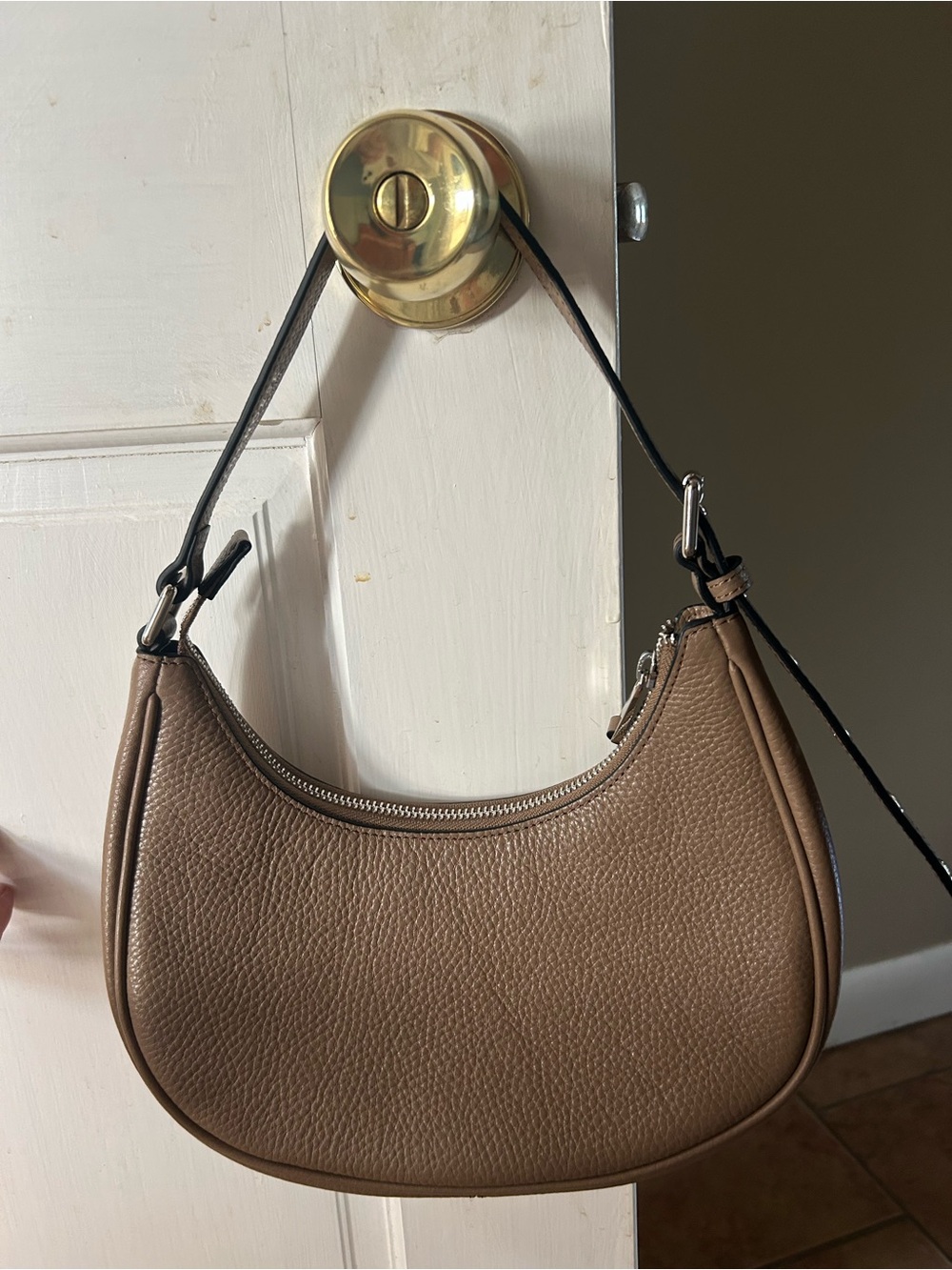 The Horse Taupe Pebbled Crescent Shoulder Bag with Black Strap